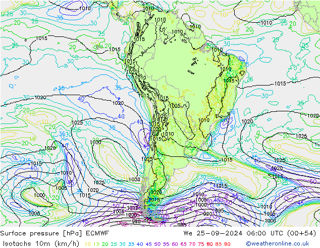 Isotachs (kph) ECMWF We 25.09.2024 06 UTC