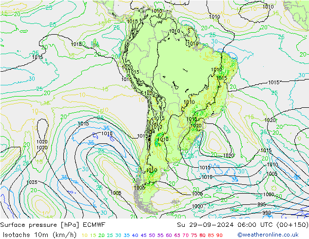 Isotachs (kph) ECMWF Su 29.09.2024 06 UTC