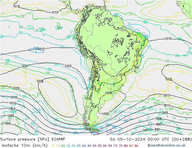 Isotachen (km/h) ECMWF za 05.10.2024 00 UTC