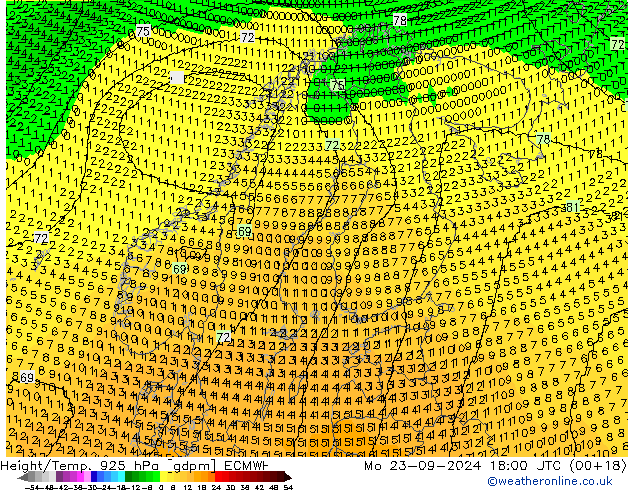 Height/Temp. 925 hPa ECMWF Mo 23.09.2024 18 UTC