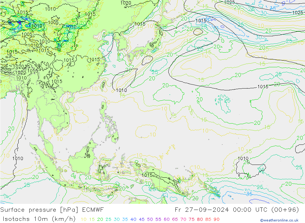 Isotachs (kph) ECMWF ven 27.09.2024 00 UTC