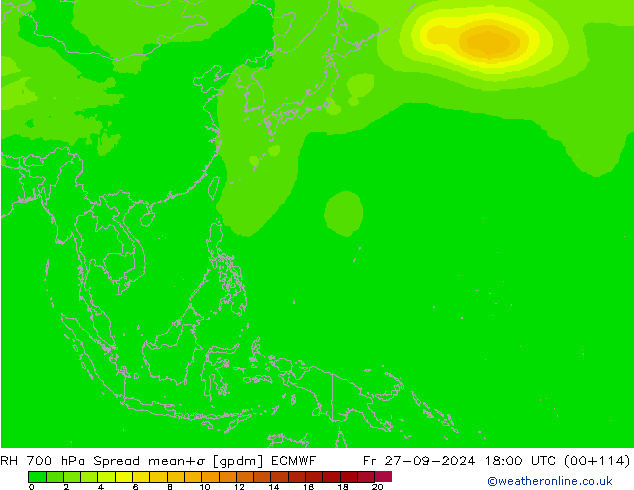 RH 700 hPa Spread ECMWF Pá 27.09.2024 18 UTC