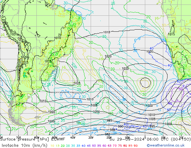 Isotachs (kph) ECMWF Su 29.09.2024 06 UTC