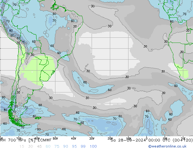 RH 700 гПа ECMWF сб 28.09.2024 00 UTC