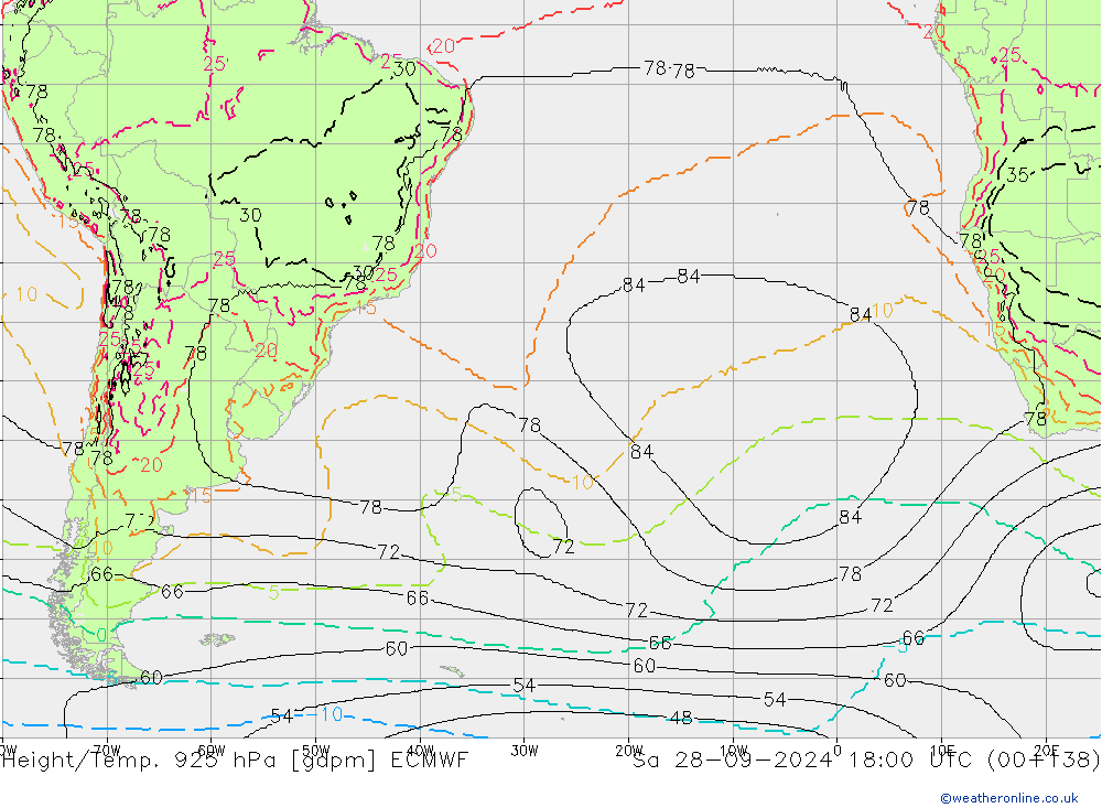 Height/Temp. 925 hPa ECMWF sab 28.09.2024 18 UTC