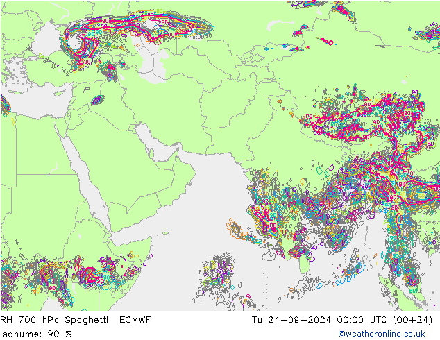 RH 700 hPa Spaghetti ECMWF Tu 24.09.2024 00 UTC