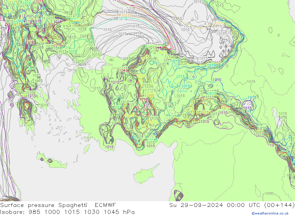 Pressione al suolo Spaghetti ECMWF dom 29.09.2024 00 UTC