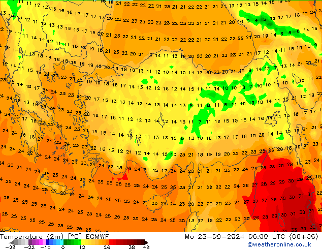 mapa temperatury (2m) ECMWF pon. 23.09.2024 06 UTC