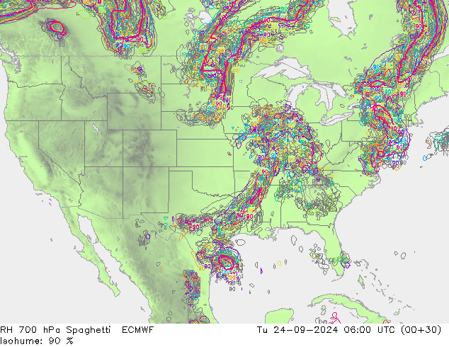 RH 700 hPa Spaghetti ECMWF mar 24.09.2024 06 UTC