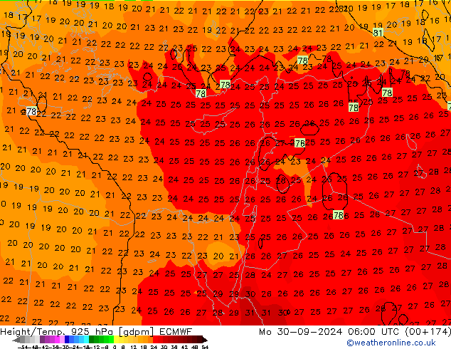 Height/Temp. 925 hPa ECMWF pon. 30.09.2024 06 UTC