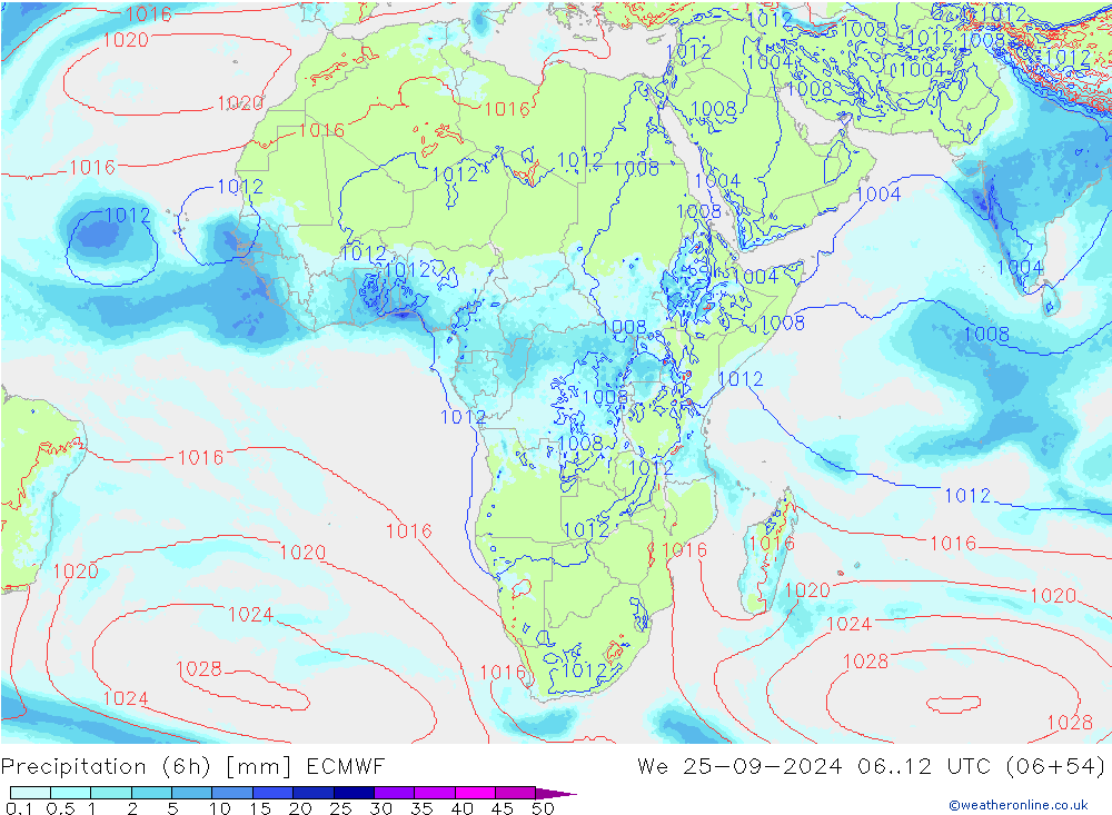 осадки (6h) ECMWF ср 25.09.2024 12 UTC