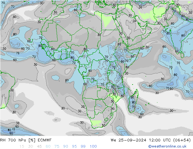 RH 700 hPa ECMWF Qua 25.09.2024 12 UTC