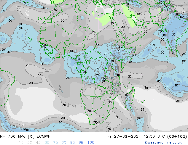 RH 700 hPa ECMWF Fr 27.09.2024 12 UTC