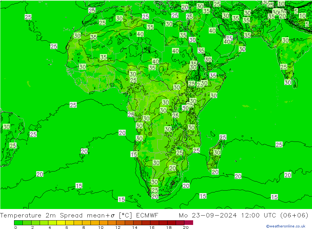 карта температуры Spread ECMWF пн 23.09.2024 12 UTC