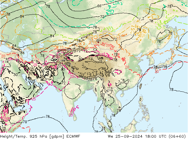 Height/Temp. 925 hPa ECMWF We 25.09.2024 18 UTC