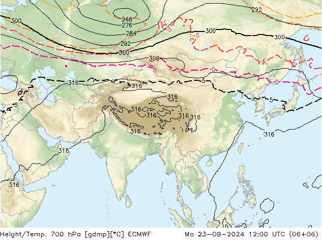 Hoogte/Temp. 700 hPa ECMWF ma 23.09.2024 12 UTC