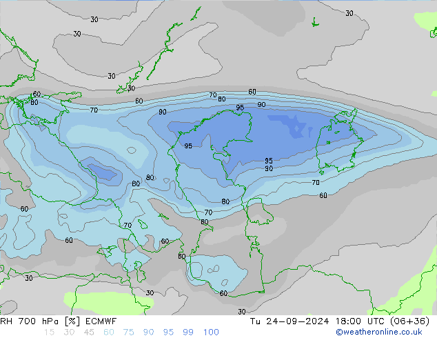 RH 700 hPa ECMWF wto. 24.09.2024 18 UTC