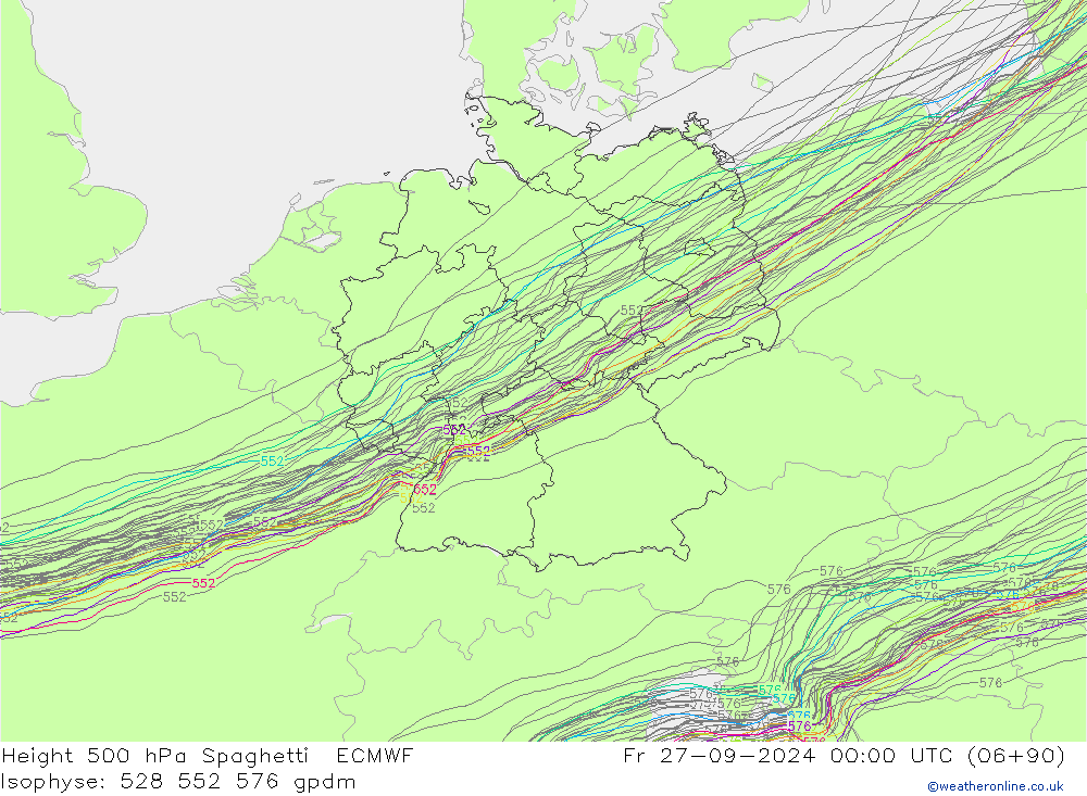 Height 500 hPa Spaghetti ECMWF Pá 27.09.2024 00 UTC