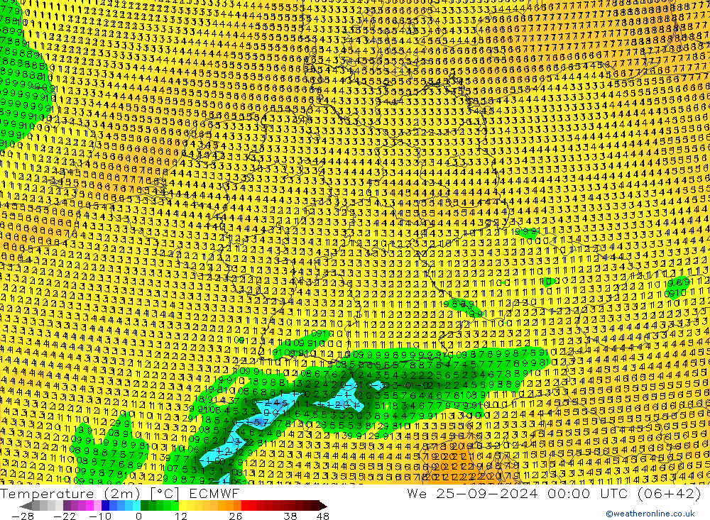 Temperatuurkaart (2m) ECMWF wo 25.09.2024 00 UTC