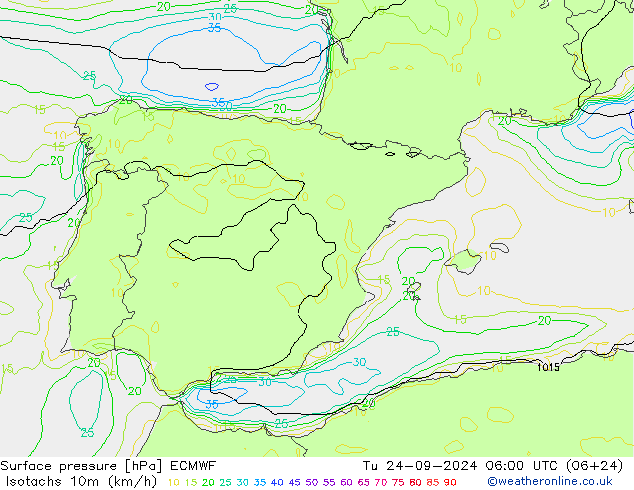 Isotachs (kph) ECMWF вт 24.09.2024 06 UTC