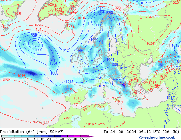 Precipitation (6h) ECMWF Tu 24.09.2024 12 UTC