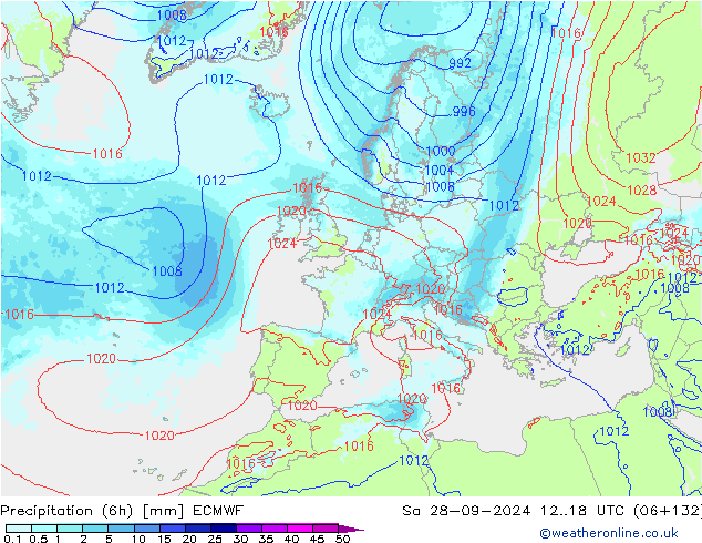 Precipitation (6h) ECMWF Sa 28.09.2024 18 UTC