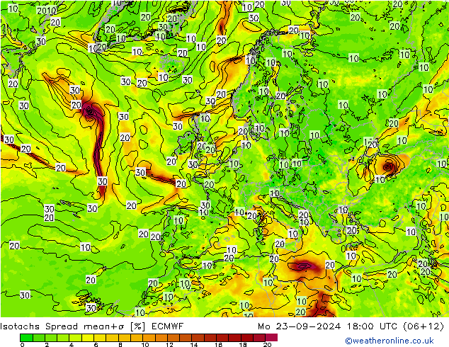 Isotachs Spread ECMWF Mo 23.09.2024 18 UTC