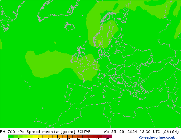 RH 700 гПа Spread ECMWF ср 25.09.2024 12 UTC