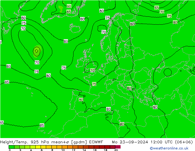 Height/Temp. 925 hPa ECMWF Mo 23.09.2024 12 UTC