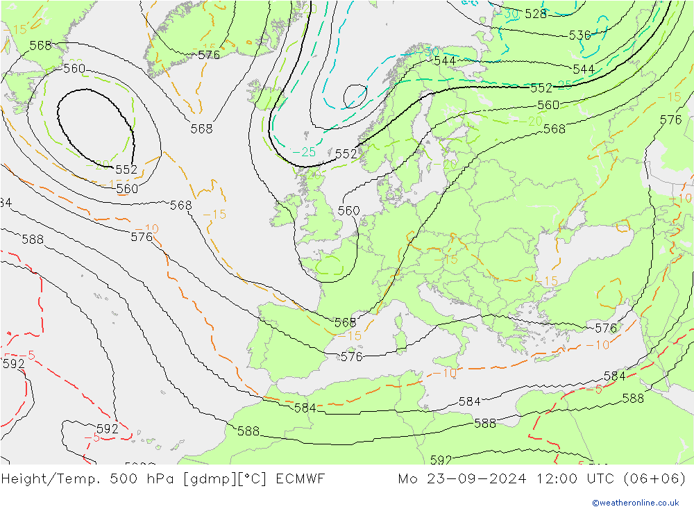 Hoogte/Temp. 500 hPa ECMWF ma 23.09.2024 12 UTC