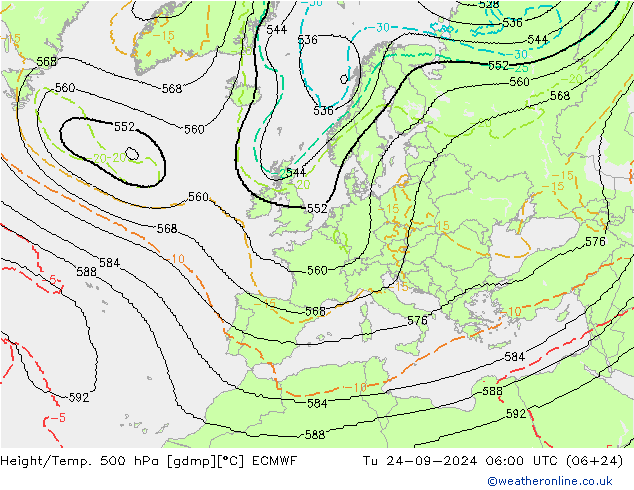 Height/Temp. 500 hPa ECMWF Út 24.09.2024 06 UTC