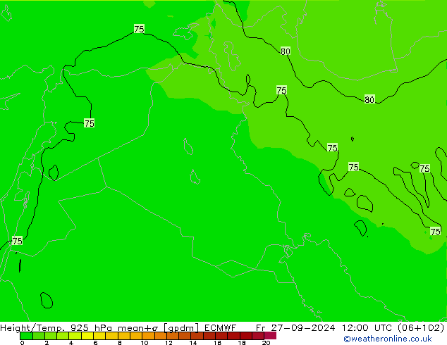 Hoogte/Temp. 925 hPa ECMWF vr 27.09.2024 12 UTC