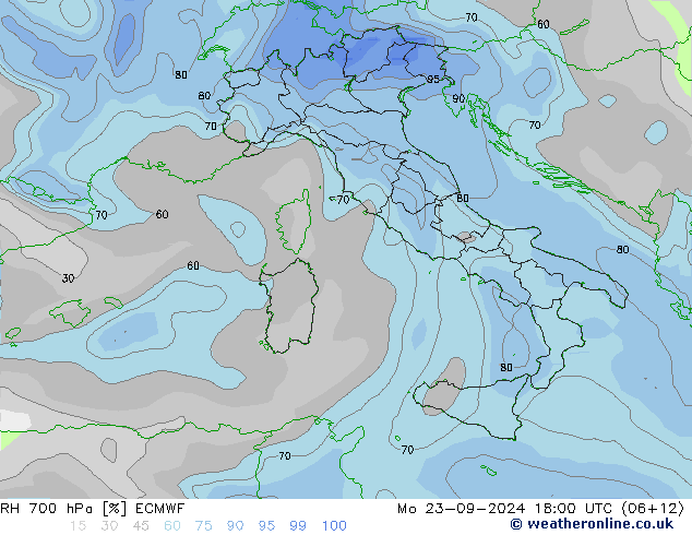 RH 700 hPa ECMWF Mo 23.09.2024 18 UTC