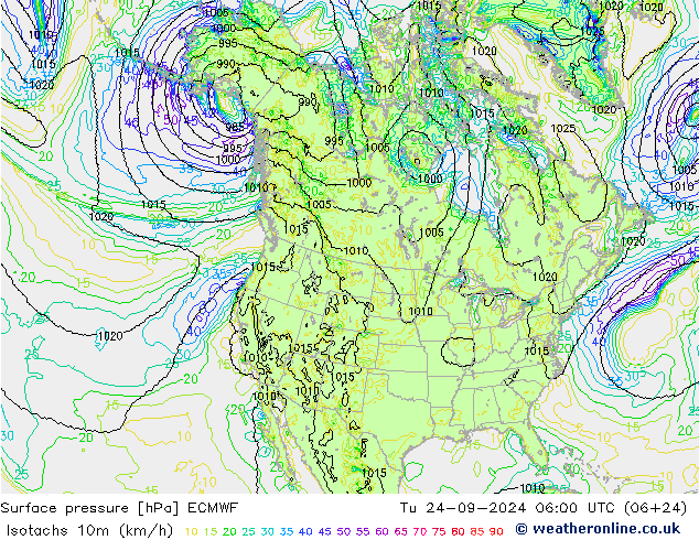 Isotaca (kph) ECMWF mar 24.09.2024 06 UTC