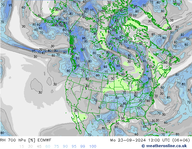 RH 700 hPa ECMWF pon. 23.09.2024 12 UTC