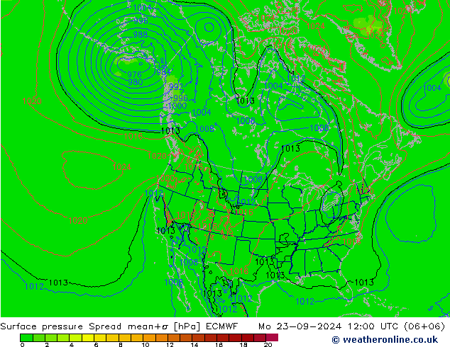 Surface pressure Spread ECMWF Mo 23.09.2024 12 UTC