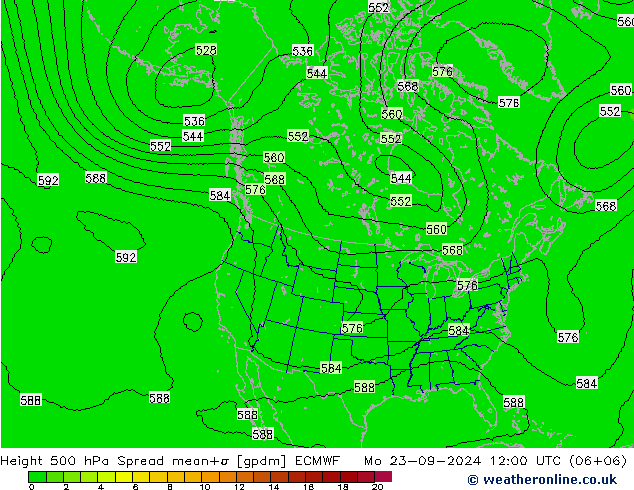 Height 500 hPa Spread ECMWF pon. 23.09.2024 12 UTC