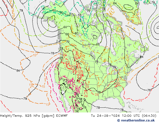 Height/Temp. 925 hPa ECMWF Tu 24.09.2024 12 UTC