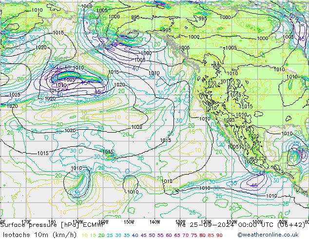 Isotachs (kph) ECMWF Qua 25.09.2024 00 UTC