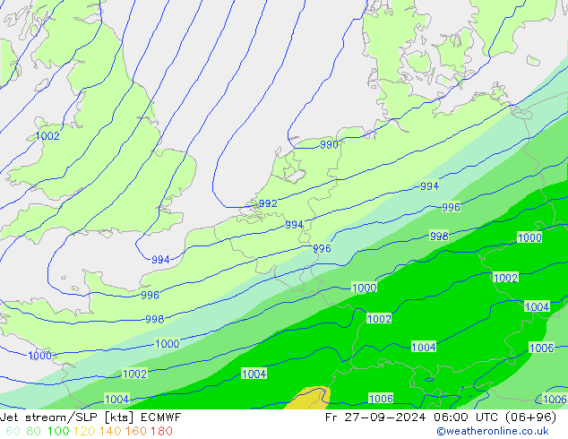 Straalstroom/SLP ECMWF vr 27.09.2024 06 UTC