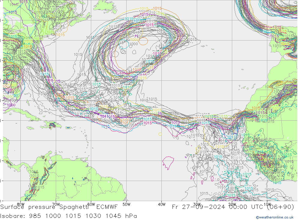 Pressione al suolo Spaghetti ECMWF ven 27.09.2024 00 UTC