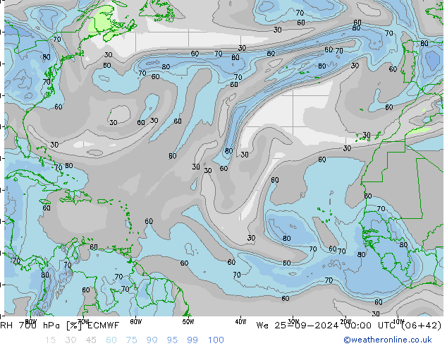 RH 700 hPa ECMWF We 25.09.2024 00 UTC