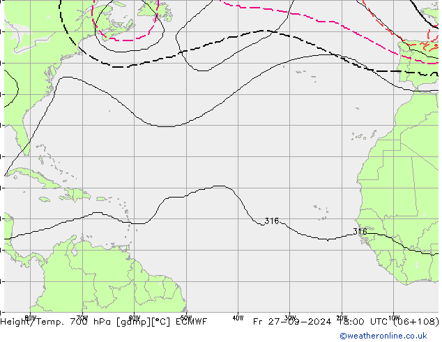 Height/Temp. 700 hPa ECMWF Fr 27.09.2024 18 UTC