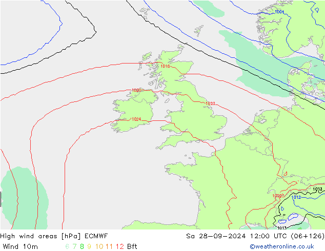 High wind areas ECMWF Sáb 28.09.2024 12 UTC