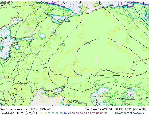 Isotachs (kph) ECMWF  24.09.2024 18 UTC