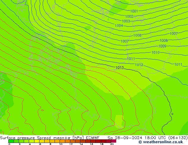 Surface pressure Spread ECMWF Sa 28.09.2024 18 UTC