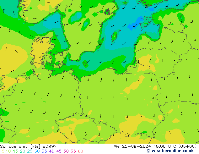 ветер 10 m ECMWF ср 25.09.2024 18 UTC