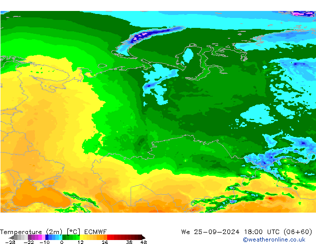 mapa temperatury (2m) ECMWF śro. 25.09.2024 18 UTC