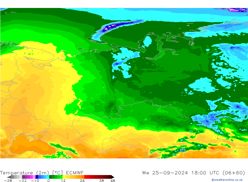 Temperatuurkaart (2m) ECMWF wo 25.09.2024 18 UTC