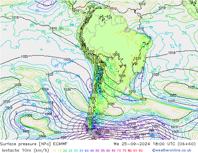 Isotachs (kph) ECMWF Qua 25.09.2024 18 UTC